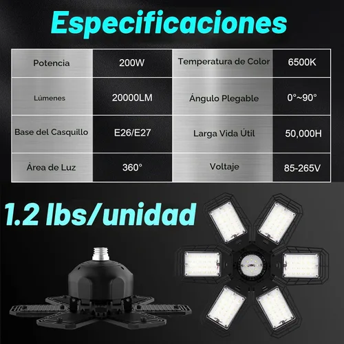 Vista 7 de Luyata Paquete de 4 luces LED de garaje, luz LED de techo de 180 W, 18000 lúmenes, 6500 K, luz LED atornillada con 5+1 paneles deformables