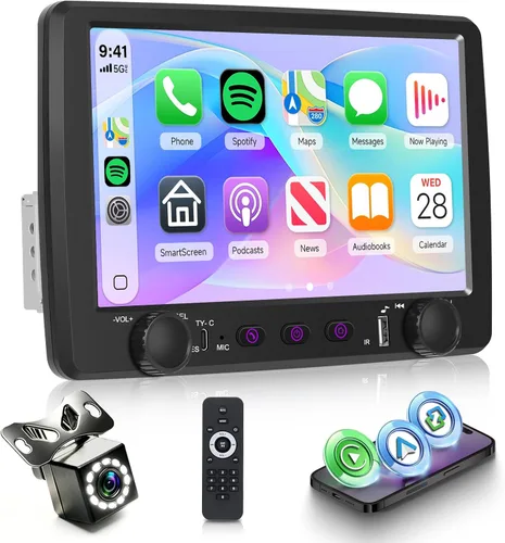 Vista 9 de Single Din Car Stereo with AM/FM/RDS Radio Backup Camera, Sellrich 9 inch IPS Touch Screen Single Din Radio Support Wireless Carplay Android Auto