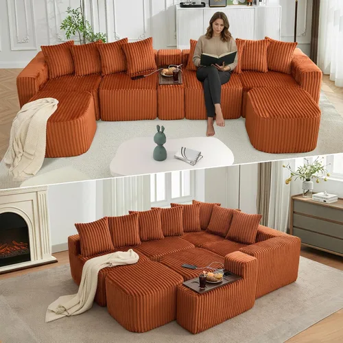 Vista 11 de Sofá seccional de 137.5 pulgadas, sofás modulares sin hueso para sala de estar, cómodo sofá de pana de felpa de asiento profundo, moderno sofá