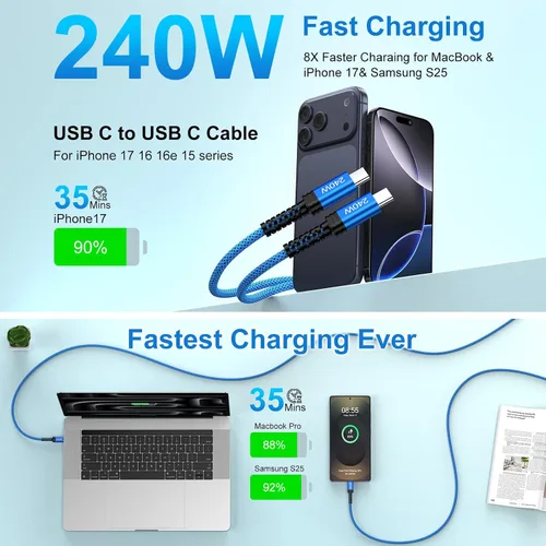 Vista 2 de Cable de carga Samsung de 240 W, cable de carga USBC súper rápido, 6 pies, paquete de 2 cables USB C a USB C, cable de carga de teléfono Android