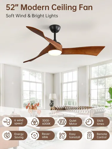 Vista 8 de Sofucor Ventiladores de techo inteligentes de 52 pulgadas con luz moderna de madera maciza para exteriores, ventilador de techo de 3 aspas con luz