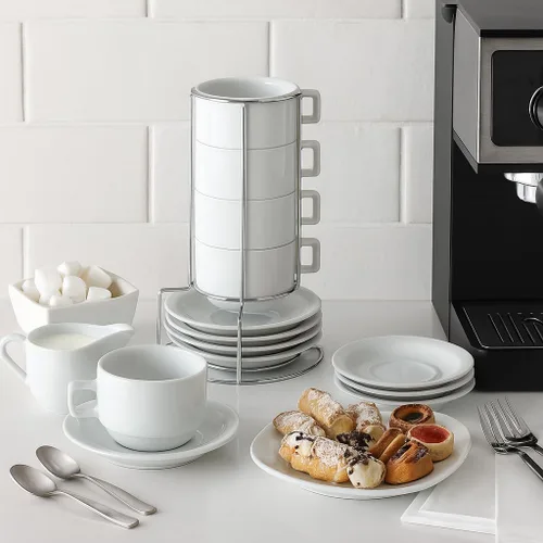 Vista 2 de HIC - Juego de té apilable de 9 piezas de café capuchino (porcelana), color blanco