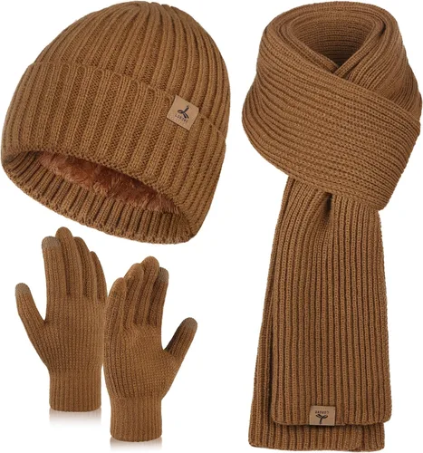 Vista 14 de Winter Hat Scarf Gloves Set, Knitted Ribbed Beanie Winter Gift Men Boys Mezcla gris y negro