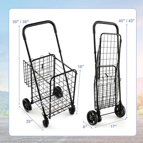 Vista 8 de Goplus Carrito Plegable de Compras de Utilidad, Cesta Doble y Ruedas Giratorias de 360°, Mango Ajustable, Carrito Pequeño Perfecto para Comestibles