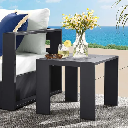 Vista 2 de Modway Tahoe - Mesa auxiliar de aluminio con recubrimiento de polvo para patio al aire libre, color gris