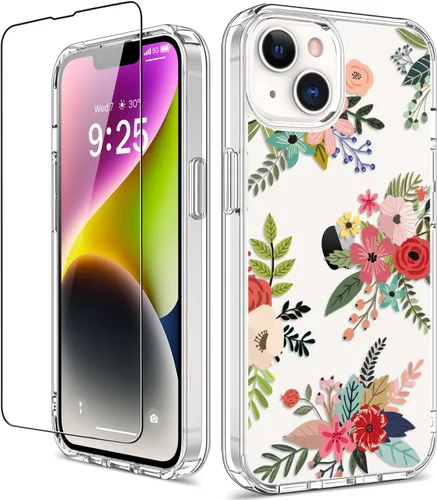 Vista 35 de Funda para iPhone 14 Pro con protector de pantalla, 6.1 pulgadas, transparente de cuerpo completo, a prueba de golpes, diseño floral, para niñas