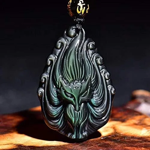 Vista 2 de Collar con colgante de zorro de nueve colas de cristal de obsidiana con cadena de cuentas para wen o mujeres