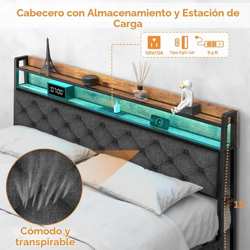 Vista 4 de Winkalon Base de cama matrimonial con cabecera ergonómica, base de cama de plataforma con luces RGB, tomas de corriente y cargador, cama de montaje
