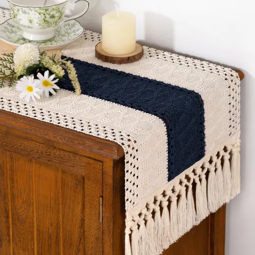 Vista 14 de Camino de mesa bohemio de verano rústico para comedor, bufanda para decoración del hogar Tassel Kitchen Centerpiece Small Macrame Woven Cotton