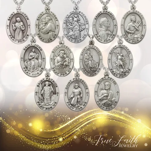 Vista 3 de True Faith Jewelry Customizable Sterling Silver Oval Patron Medal, 78 Inch