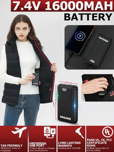 Vista 4 de Ririgans Chaleco térmico para mujer, capucha térmica retráctil con batería de 7.4 V 16000 mAh, 10 zonas de calefacción, 4 niveles de calefacción