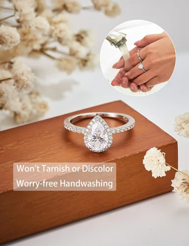 Vista 2 de Anillos de Compromiso en Forma de Pera de 2CT para Mujeres Anillos de Plata Esterlina en Forma de Lágrima con Circonia Cúbica Chapada en Oro Blanco
