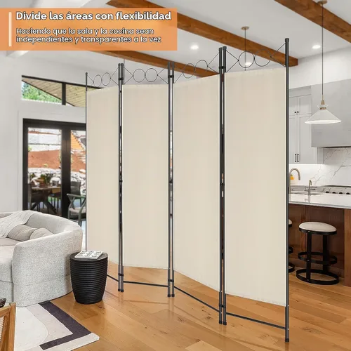 Vista 2 de Divisor de habitación, 4 paneles, pantalla de privacidad plegable portátil de 6 pies, divisor de pared independiente con marco de acero y panel