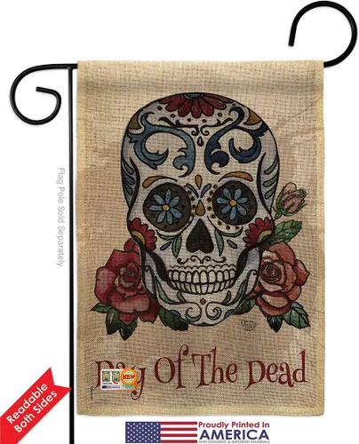 Vista 2 de Bandera de arpillera para jardín del Día de los Muertos, fiesta mexicana, otoño, pequeño regalo, decoración para patio, casa, de doble cara