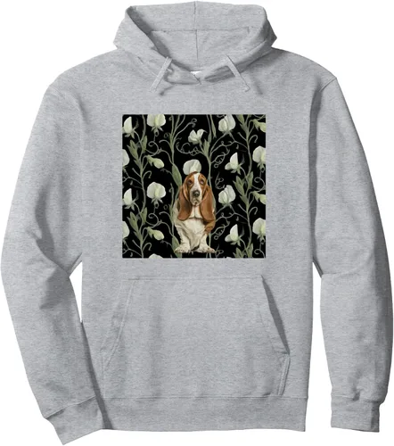 Vista 3 de Basset Hound Dog White Sweet Pea Vintage Flower Pattern Pullover Hoodie