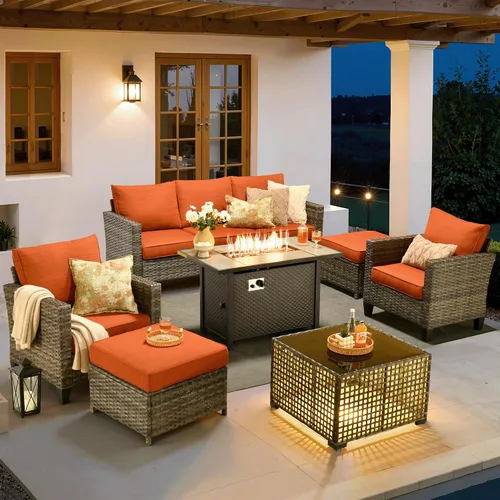 Vista 33 de ovios Juego de muebles de patio de 4 piezas con sofá de exterior, luces solares, mesa, cojines cómodos, sofá de conversación de mimbre de ratán