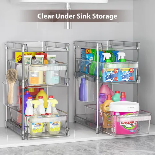 Vista 4 de Organizadores de Baño Transparentes 2 Juegos de 3 Niveles, Organizador Extraíble y Almacenamiento con 2 Tazas, Contenedor de Almacenamiento