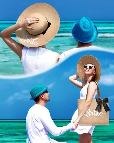 Vista 6 de Percozzi Wifey Bride Tote Bag Sun Hat Glasses Set Bride-To-Be Shower Gift Honeymoon Jute Bag Kit