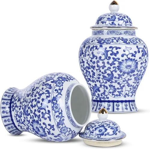 Vista 15 de XINGYAN Chinoiserie - Juego de 3 tarros de jengibre, porcelana china azul y blanca, tarro de almacenamiento decorativo para el hogar con tapa