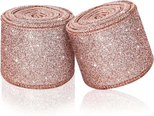 Vista 11 de 2 rollos de cinta de Navidad de 20 yardas con purpurina metálica con borde de alambre, cintas decorativas de tela para envolver fiestas, decoración