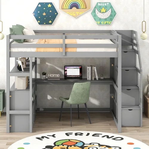 Vista 3 de Harper & Bright Designs Cama Loft de Madera Tamaño Full con Escaleras y Cajones para Almacenamiento, Marco de Cama Loft Moderno con Escritorio