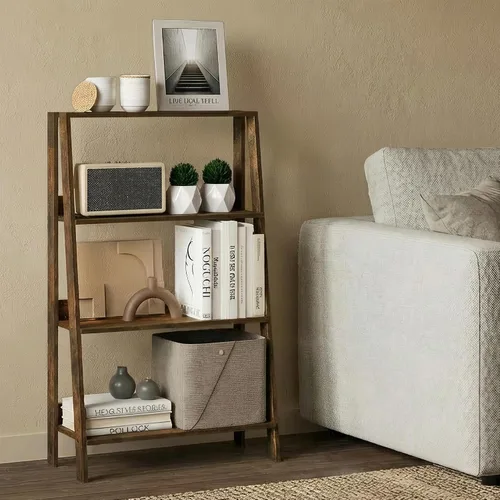 Vista 2 de Furinno Estantería para libros de 4 niveles, estante de escalera de marco abierto, pino ámbar Estantería de almacenamiento de pie de 10.9 x 23.6 x