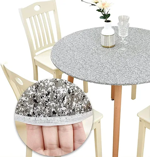 Vista 5 de Mantel redondo de vinilo de plástico ajustable con parte trasera de franela y borde elástico, protector de mesa impermeable para mesa de comedor