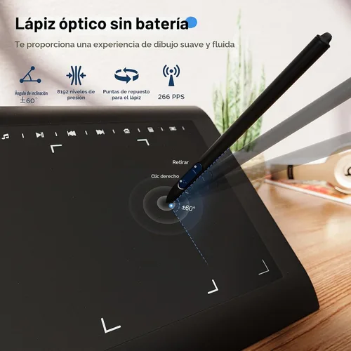 Vista 4 de Tableta de dibujo gráfico, tabletas grandes de 10 x 6 pulgadas con lápiz de nivel 8192 para PC y computadora, 12 teclas de acceso rápido