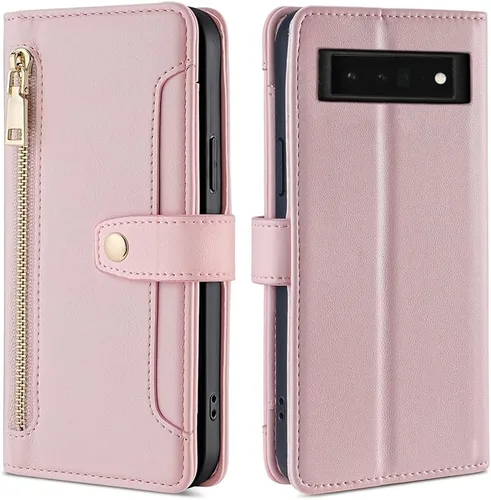 Vista 5 de Asuwish Funda de teléfono para Google Pixel 6 Pro Wallet Cover y protector de pantalla con cremallera para tarjetero, soporte de ranura de cuero Oro