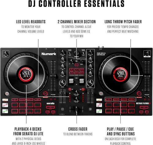 Vista 3 de Numark Mixtrack Platinum FX Controlador para DJ, para Serato DJ, con control de 4 cubiertas, mezclador, interfaz de audio incorporada, rueda