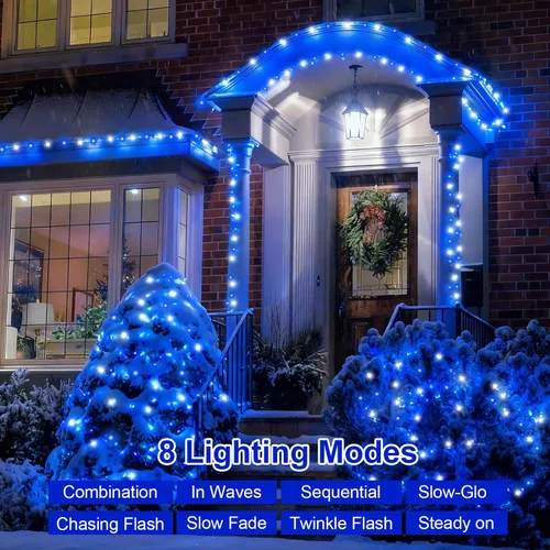 Vista 2 de QITONG Paquete de 2 luces solares azules y blancas de Navidad, cada cadena de 200 luces LED solares de 66 pies para exteriores, impermeable, 8 modos