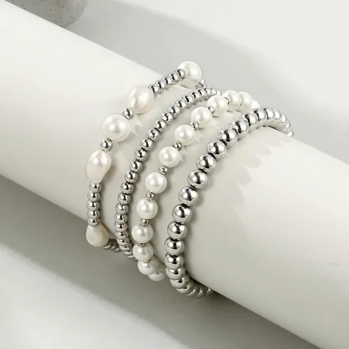 Vista 5 de Pulseras de cuentas de oro para mujer, perlas barrocas apilables, chapadas en oro de 14 quilates, pulsera de bolas elásticas para regalo de joyería