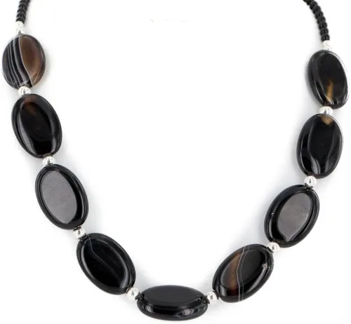 Vista 2 de $280 Etiqueta al por menor Plata Navajo Negro Onyx Collar Nativo Americano 790106-102 Hecho por Loma Siiva, Metal Piedra, Ónix