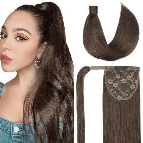 Vista 8 de Extensión de cola de caballo de cabello humano #4 marrón chocolate 100% Remy, extensión de cola de caballo recta envolvente alrededor de colas