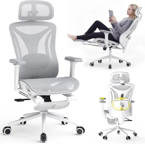 Vista 10 de CYKOV Silla de oficina ergonómica con reposapiés, soporte lumbar ajustable y reposacabezas, silla de computadora reclinable de malla de 90-160°