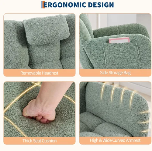 Vista 10 de Mecedora deslizadora tapizada con patas de madera para sala de estar, dormitorio, cuarto de bebé, incluye bolsillos laterales