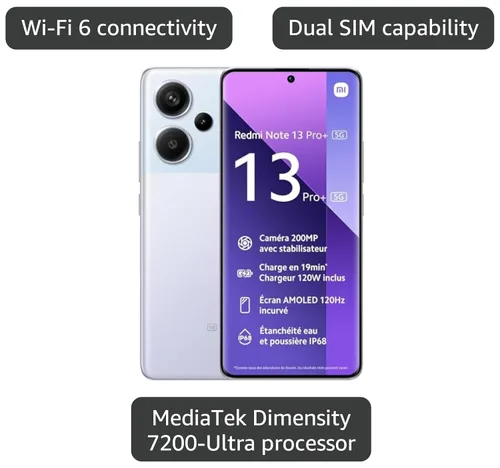 Vista 3 de Xiaomi Redmi Note 13 Pro+ 5G (256GB + 8GB) 6.67" 200Mp Triple (para Tmobile Mint Tello & Global) Versión Global Desbloqueada (Morado Aurora)
