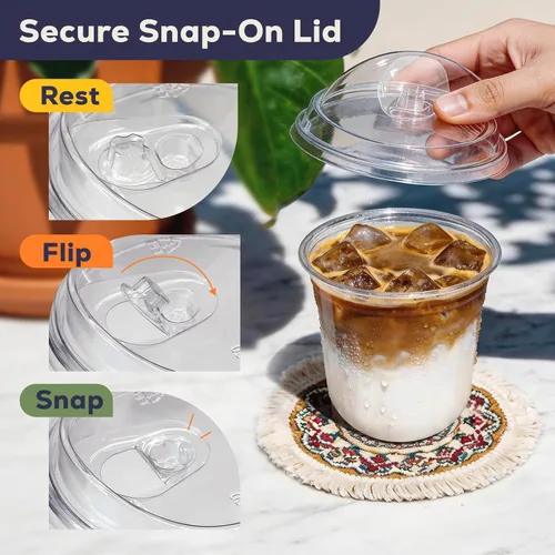 Vista 3 de Fit Meal Prep Paquete de 100 vasos de plástico transparente de fondo redondo de 12 onzas con tapas sin popote, tazas de café helado desechables
