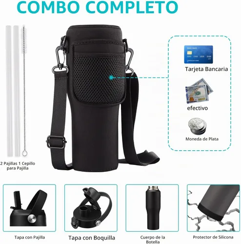 Vista 5 de Botella de agua de acero inoxidable de 32 onzas, frío-48 horas y caliente-24 horas, termo con popote y tapas de boquilla, bolsa, botella aislada al