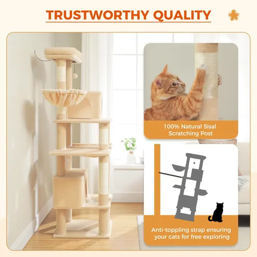 Vista 4 de PEQULTI Árbol para gatos de interior de 66 pulgadas, torre grande para gatos con poste rascador cubierto de sisal, hamaca de metal súper grande