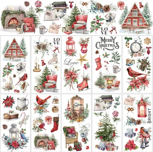 Vista 12 de Lincia - 10 hojas de calcomanías navideñas para manualidades y muebles, calcomanías de transferencia por fricción, muñeco de nieve, gnomo, reno