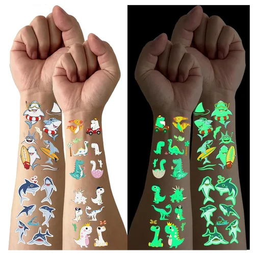 Vista 2 de 300 tatuajes temporales luminosos para niños, tatuajes falsos para niños, juego de 30 hojas a granel con tatuajes falsos impermeables y de larga