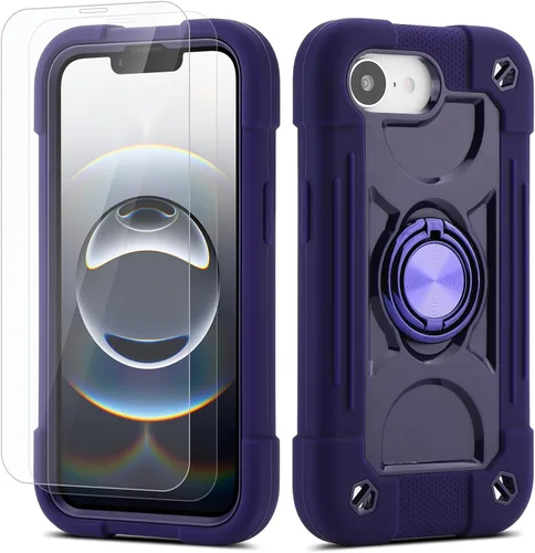 Vista 162 de Funda para iPhone 11 de 6.1 pulgadas con soporte de anillo, con 2 protectores de pantalla de vidrio, resistente a los golpes, resistente a