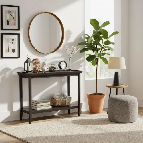 Vista 4 de Furnifact Mesa consola de pasillo con repisa elevada, patas de madera maciza cónicas, mesa de acento de entrada, acabado negro duradero