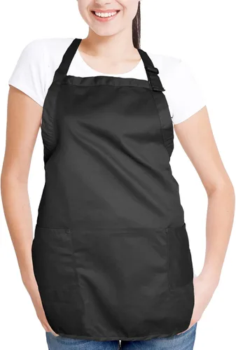 Vista 4 de Delantal de cocina para restaurante u hogar, estilo pechera, de hilado de poli algodón (2 bolsillos), Algodón, Negro, 30