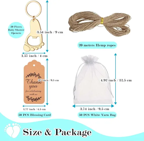 Vista 2 de 50 piezas personalizadas para baby shower, abrebotellas, llaveros de huellas, recuerdos de baby shower, regalos de devolución para invitados, vienen