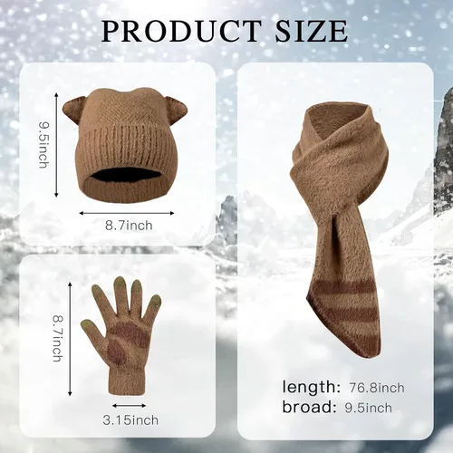 Vista 2 de Gorro de punto de invierno para mujer, guantes para pantalla táctil, bufandas, cálido y suave, con orejas de gato, gorras de calavera, bufandas