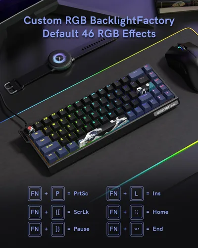 Vista 6 de SK68 - Teclado para juegos al 65%, mini teclado retroiluminado con cable con enchufe 100% intercambiable en caliente, 68 teclas, teclado con cable