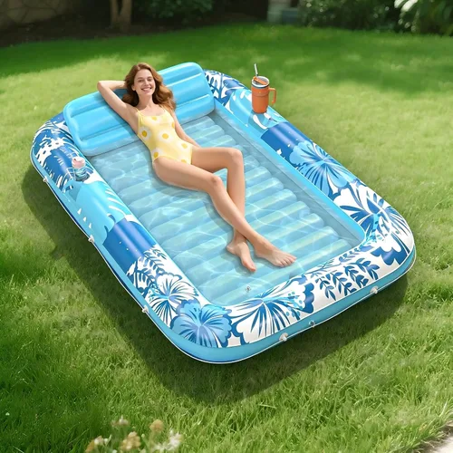 Vista 9 de Flotador inflable para tumbona de piscina, 70 x 46 pulgadas, flotadores de piscina para adultos con almohada, flotador de balsa para bañera Azul
