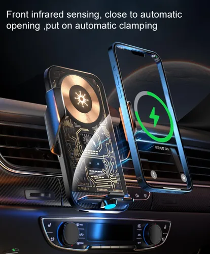 Vista 2 de Cargador inalámbrico transparente con sensor inteligente de 15 W, soporte para teléfono de ventilación de aire del automóvil, carga rápida QC
